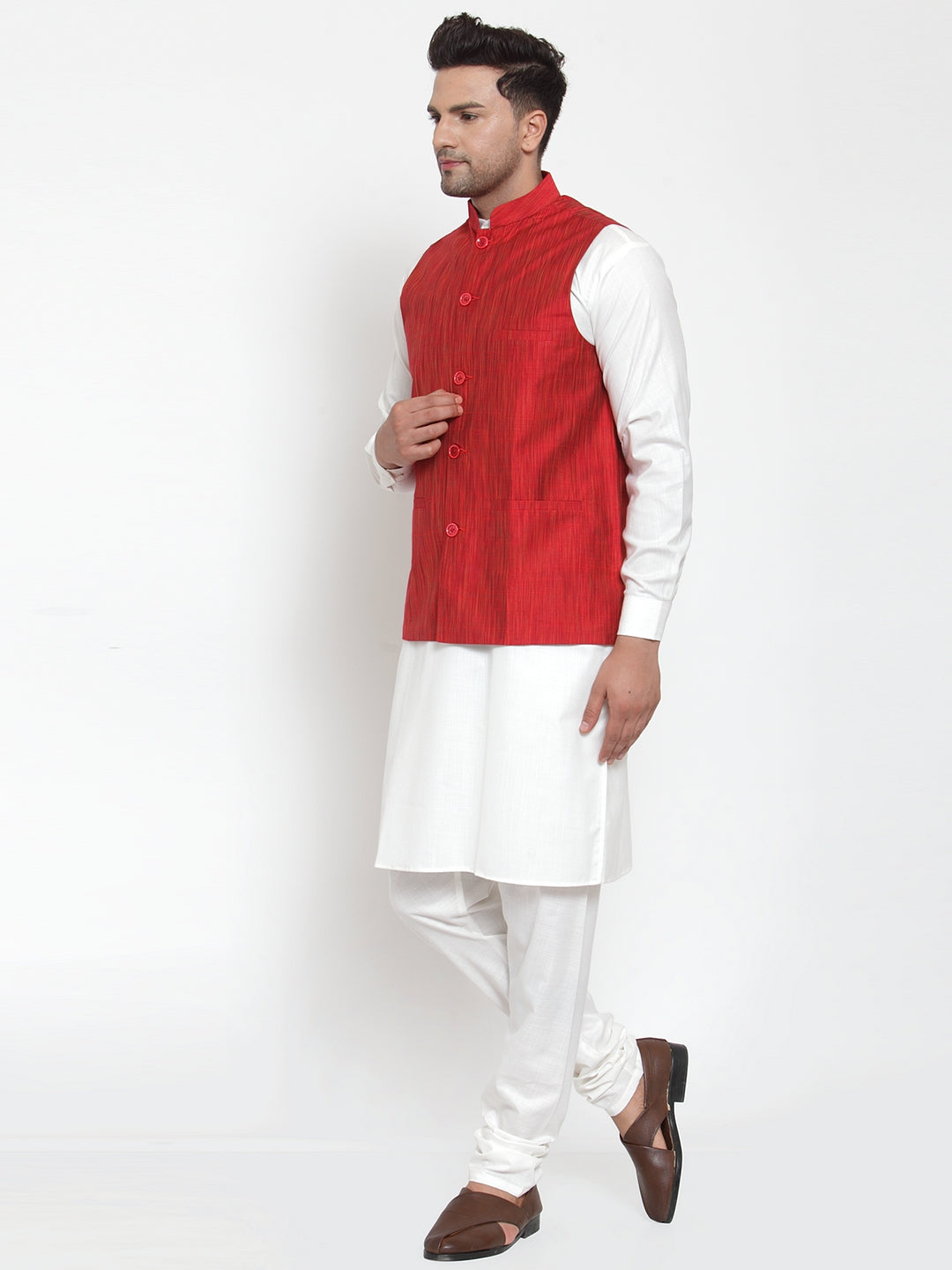 Men White Solid Kurta With Pyjamas &amp; Red Nehru Jacket