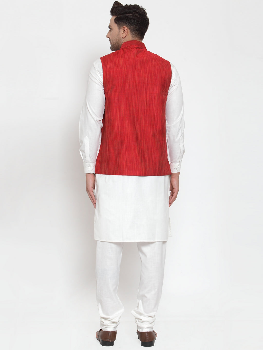 Men White Solid Kurta With Pyjamas &amp; Red Nehru Jacket