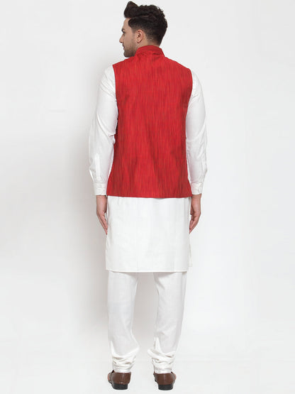 Men White Solid Kurta With Pyjamas & Red Nehru Jacket