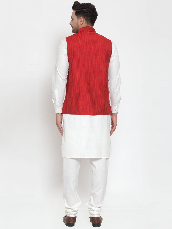 Men White Solid Kurta With Pyjamas &amp; Red Nehru Jacket