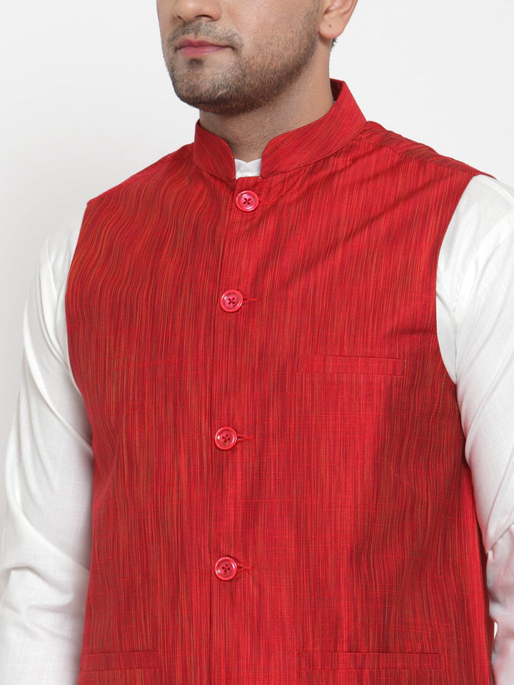 Men White Solid Kurta With Pyjamas &amp; Red Nehru Jacket