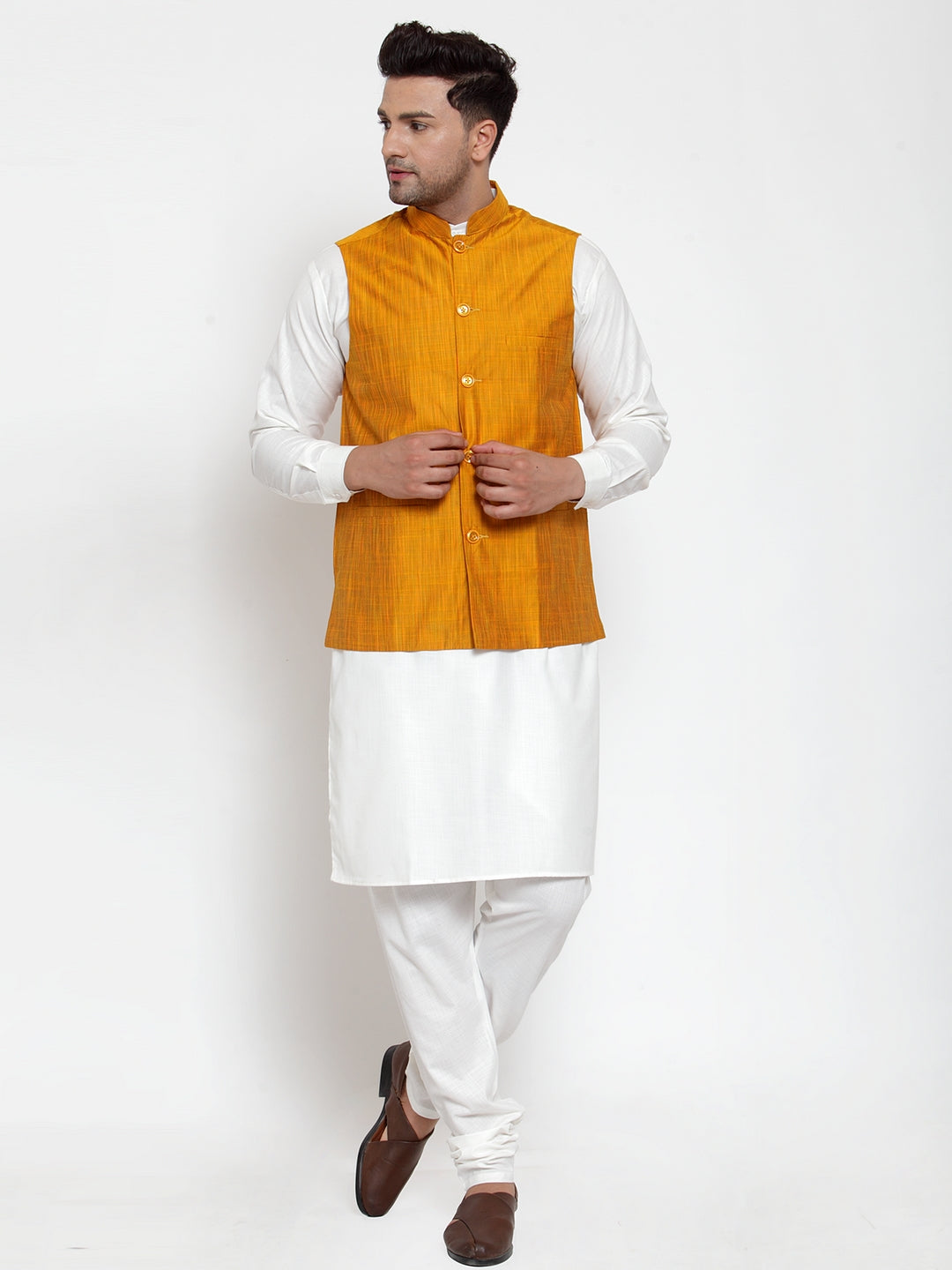 Men White Solid Kurta With Pyjamas &amp; Yellow Nehru Jacket