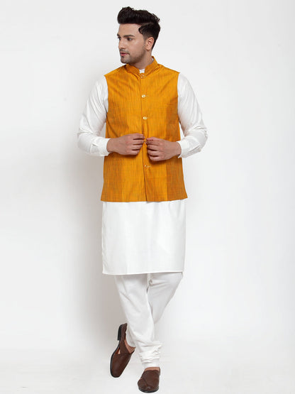 Men White Solid Kurta With Pyjamas & Yellow Nehru Jacket