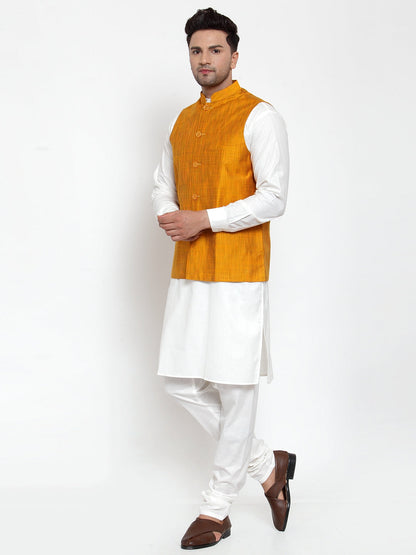 Men White Solid Kurta With Pyjamas & Yellow Nehru Jacket