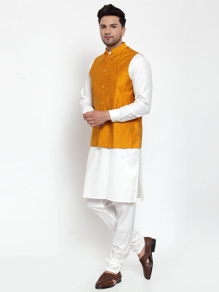 Men White Solid Kurta With Pyjamas &amp; Yellow Nehru Jacket