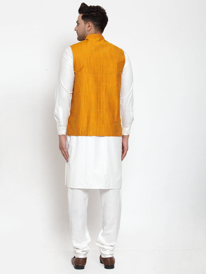 Men White Solid Kurta With Pyjamas &amp; Yellow Nehru Jacket