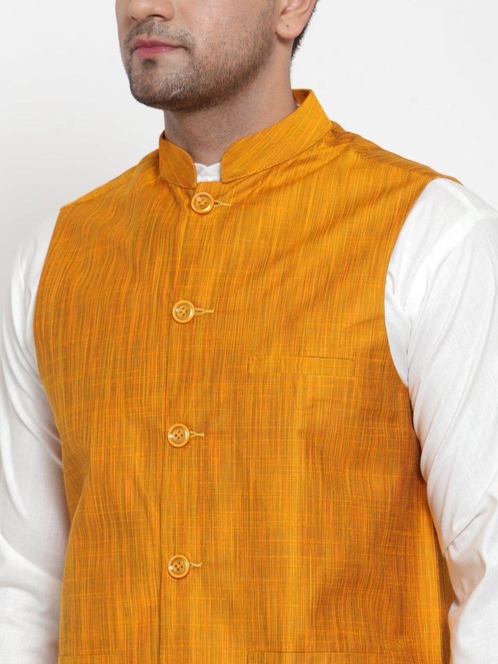 Men White Solid Kurta With Pyjamas &amp; Yellow Nehru Jacket