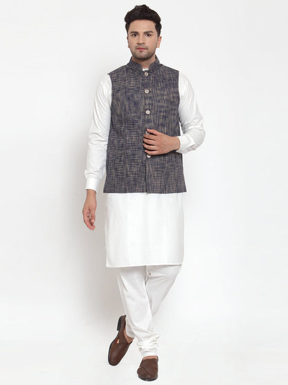 Men White Solid Kurta With Pyjamas & Blue Nehru Jacket