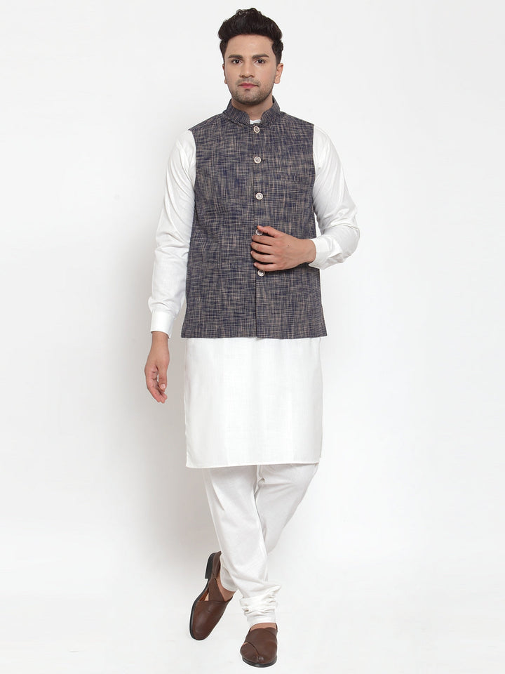 Men White Solid Kurta With Pyjamas &amp; Blue Nehru Jacket