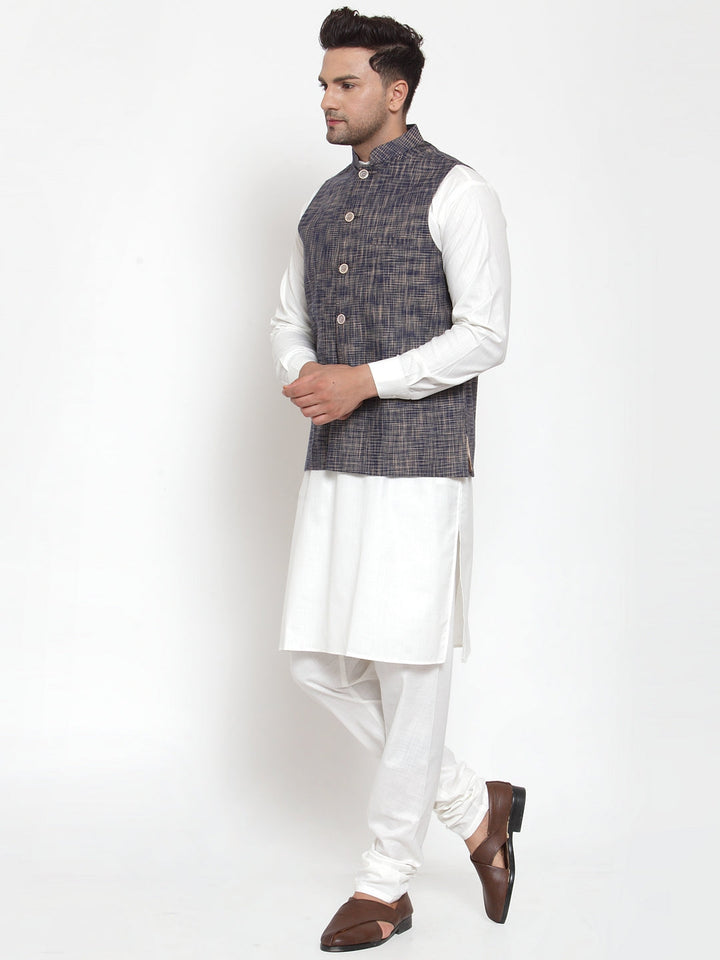 Men White Solid Kurta With Pyjamas &amp; Blue Nehru Jacket