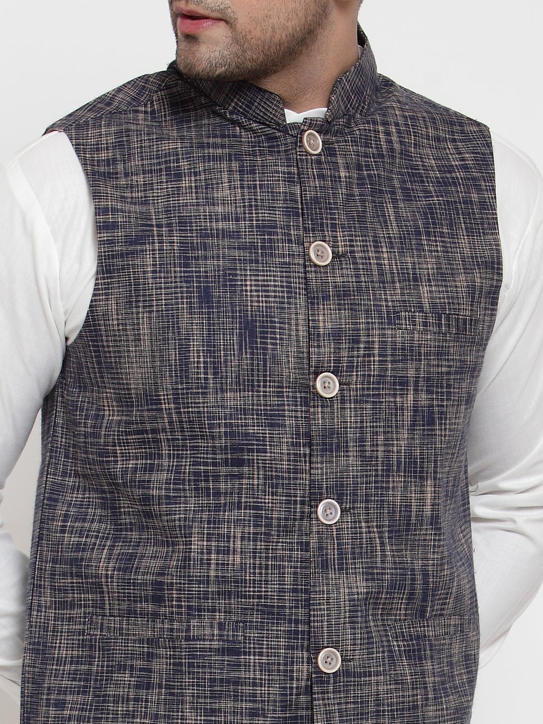 Men White Solid Kurta With Pyjamas &amp; Blue Nehru Jacket