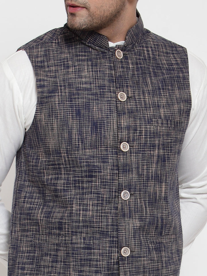 Men White Solid Kurta With Pyjamas &amp; Blue Nehru Jacket