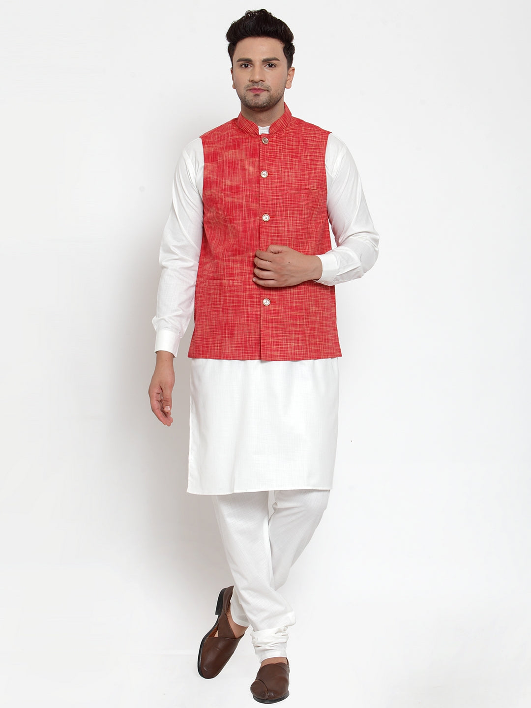Men White Solid Kurta With Pyjamas &amp; Red Nehru Jacket