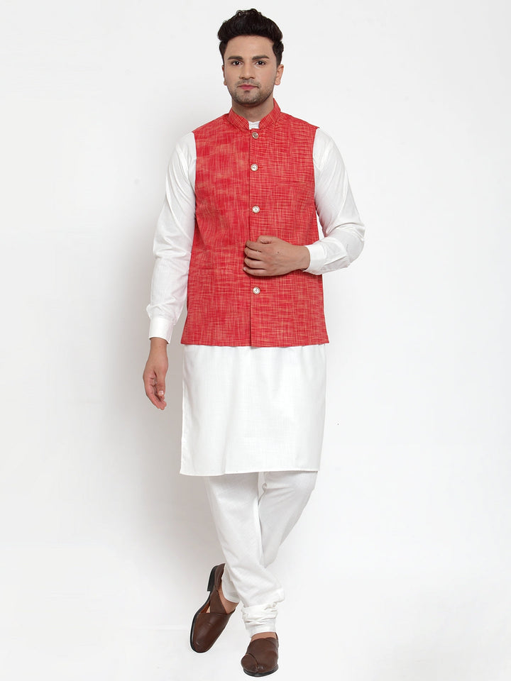 Men White Solid Kurta With Pyjamas &amp; Red Nehru Jacket