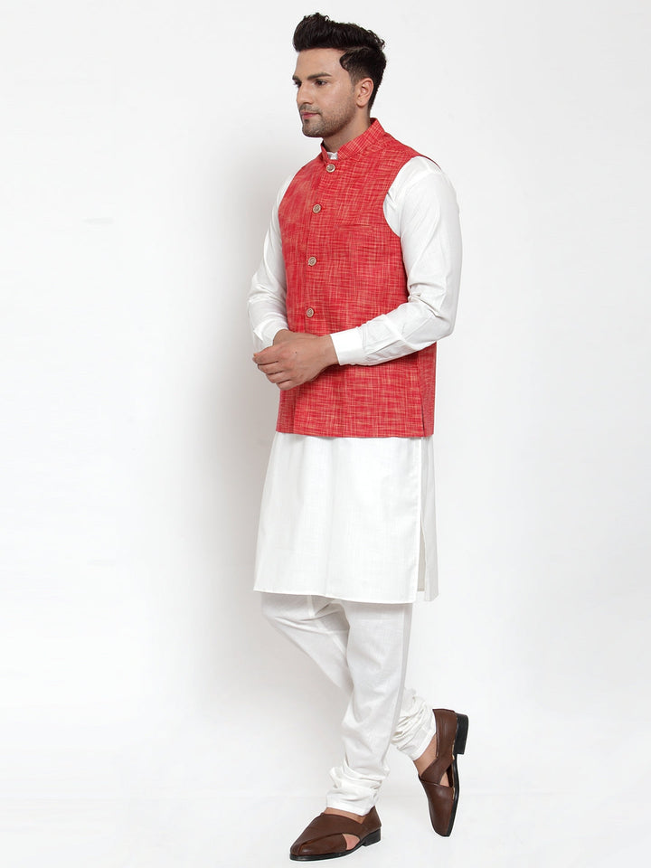 Men White Solid Kurta With Pyjamas &amp; Red Nehru Jacket