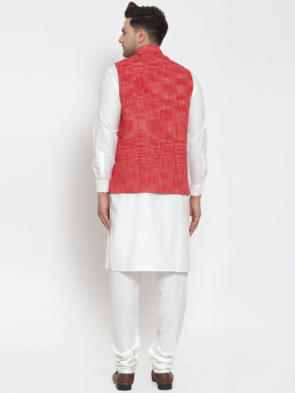 Men White Solid Kurta With Pyjamas & Red Nehru Jacket