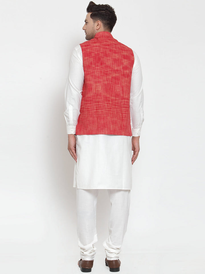 Men White Solid Kurta With Pyjamas &amp; Red Nehru Jacket