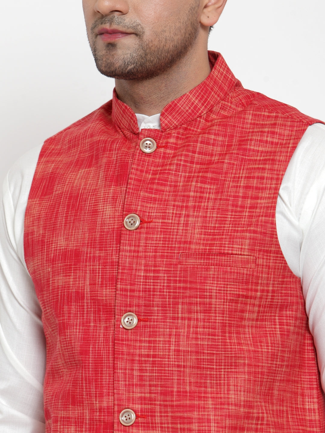 Men White Solid Kurta With Pyjamas &amp; Red Nehru Jacket