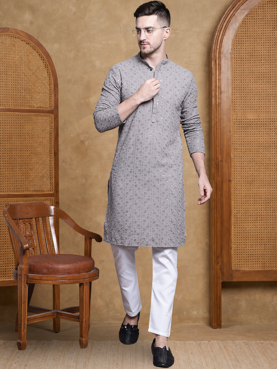 Men’S Cotton Chikankari Sequins Kurta Set