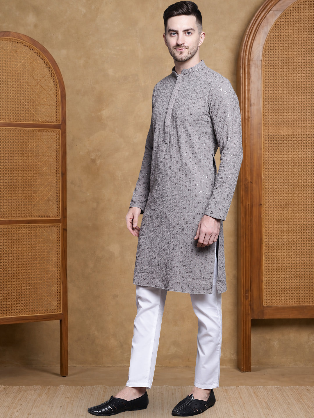 Men’S Cotton Chikankari Sequins Kurta Set