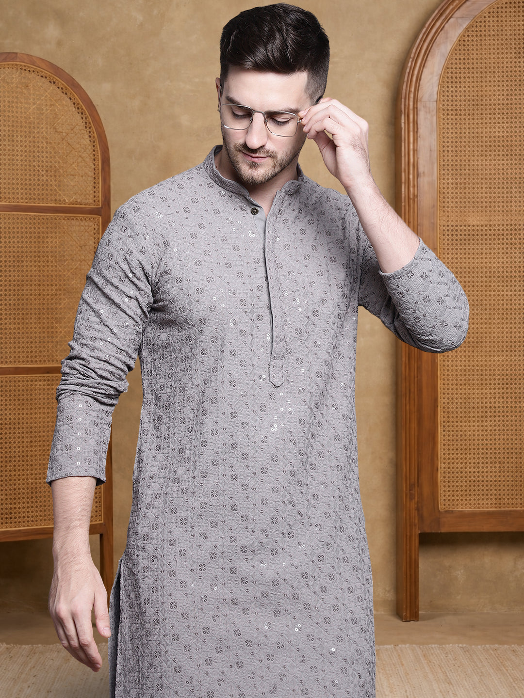 Men’S Cotton Chikankari Sequins Kurta Set