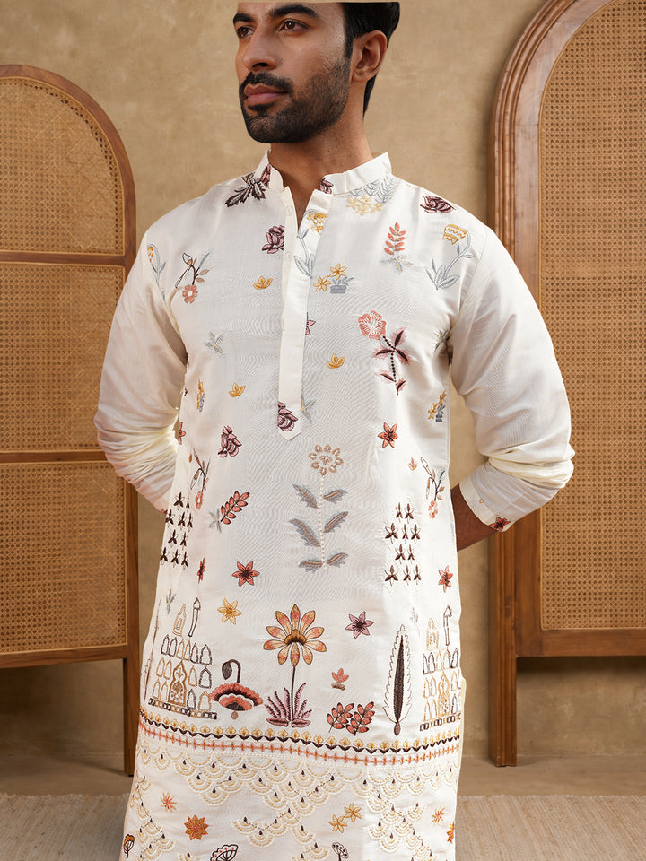 Silk Blend Floral Embroidered Kurta Pyjama Set