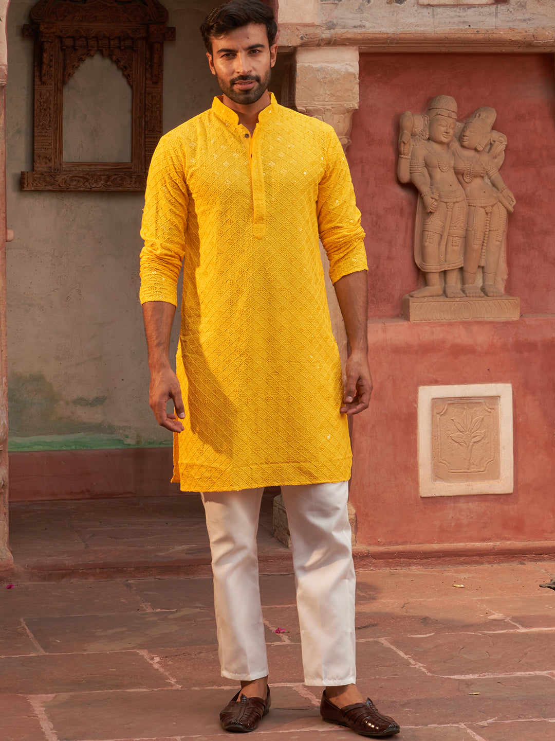 Embroidered Chikankari And Sequence Kurta With Pyjama For Men