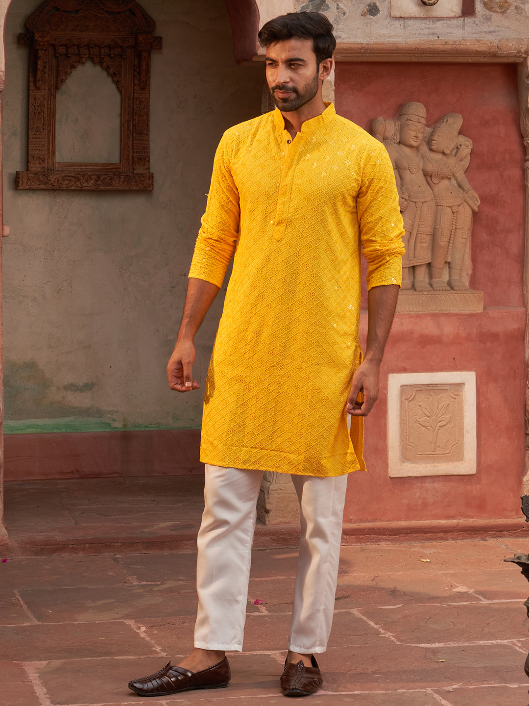 Embroidered Chikankari And Sequence Kurta With Pyjama For Men