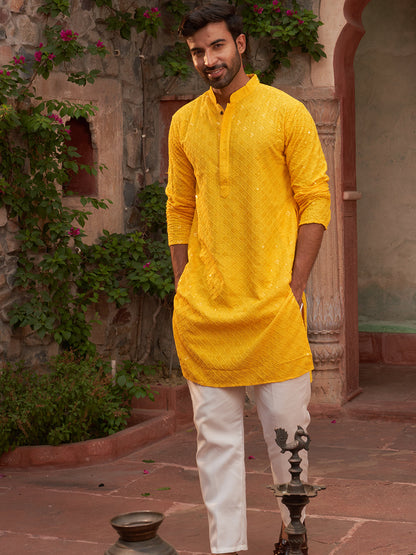 Embroidered Chikankari And Sequence Kurta With Pyjama For Men