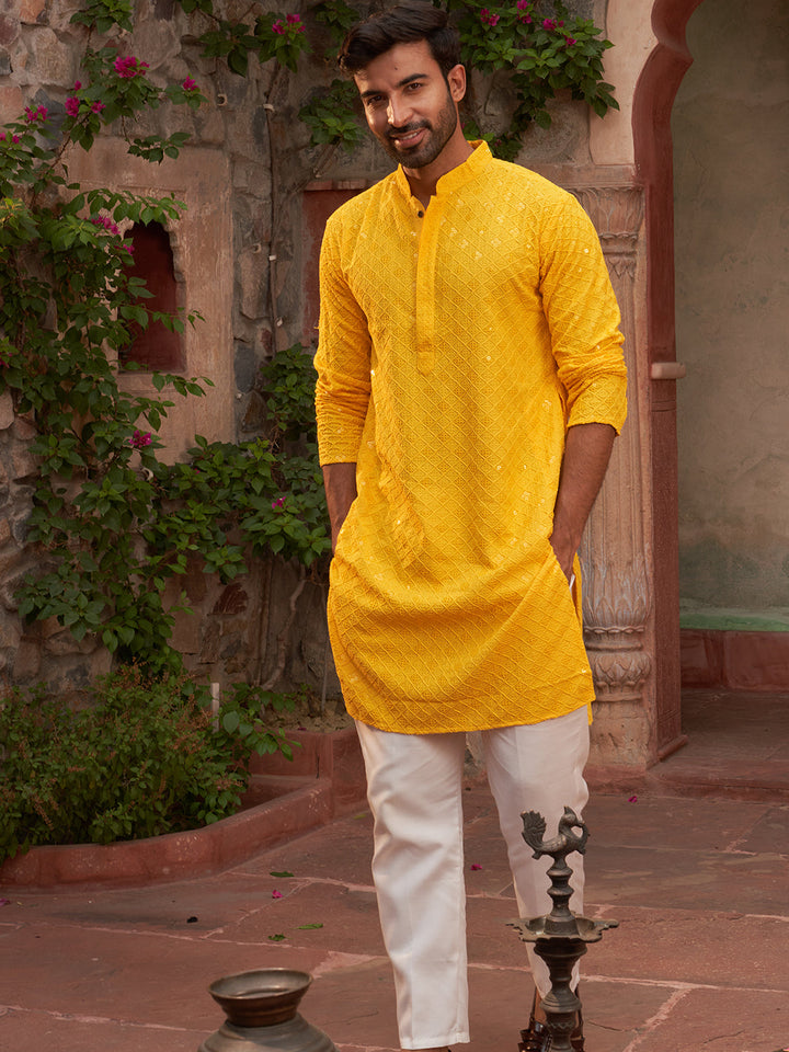 Embroidered Chikankari And Sequence Kurta With Pyjama For Men