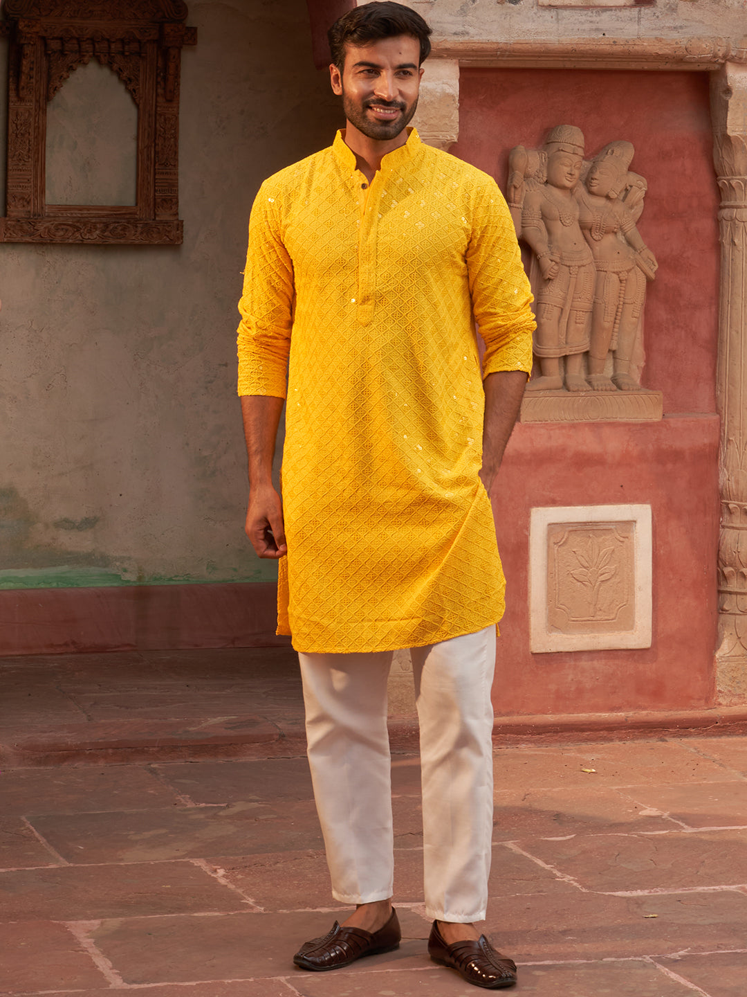 Embroidered Chikankari And Sequence Kurta With Pyjama For Men