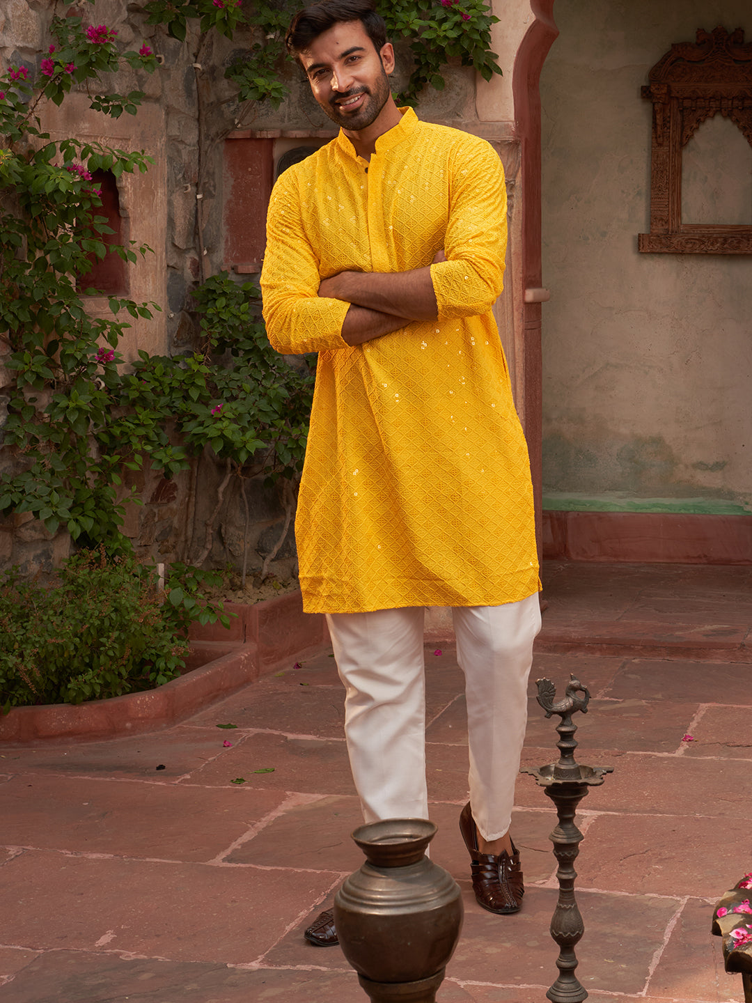 Embroidered Chikankari And Sequence Kurta With Pyjama For Men