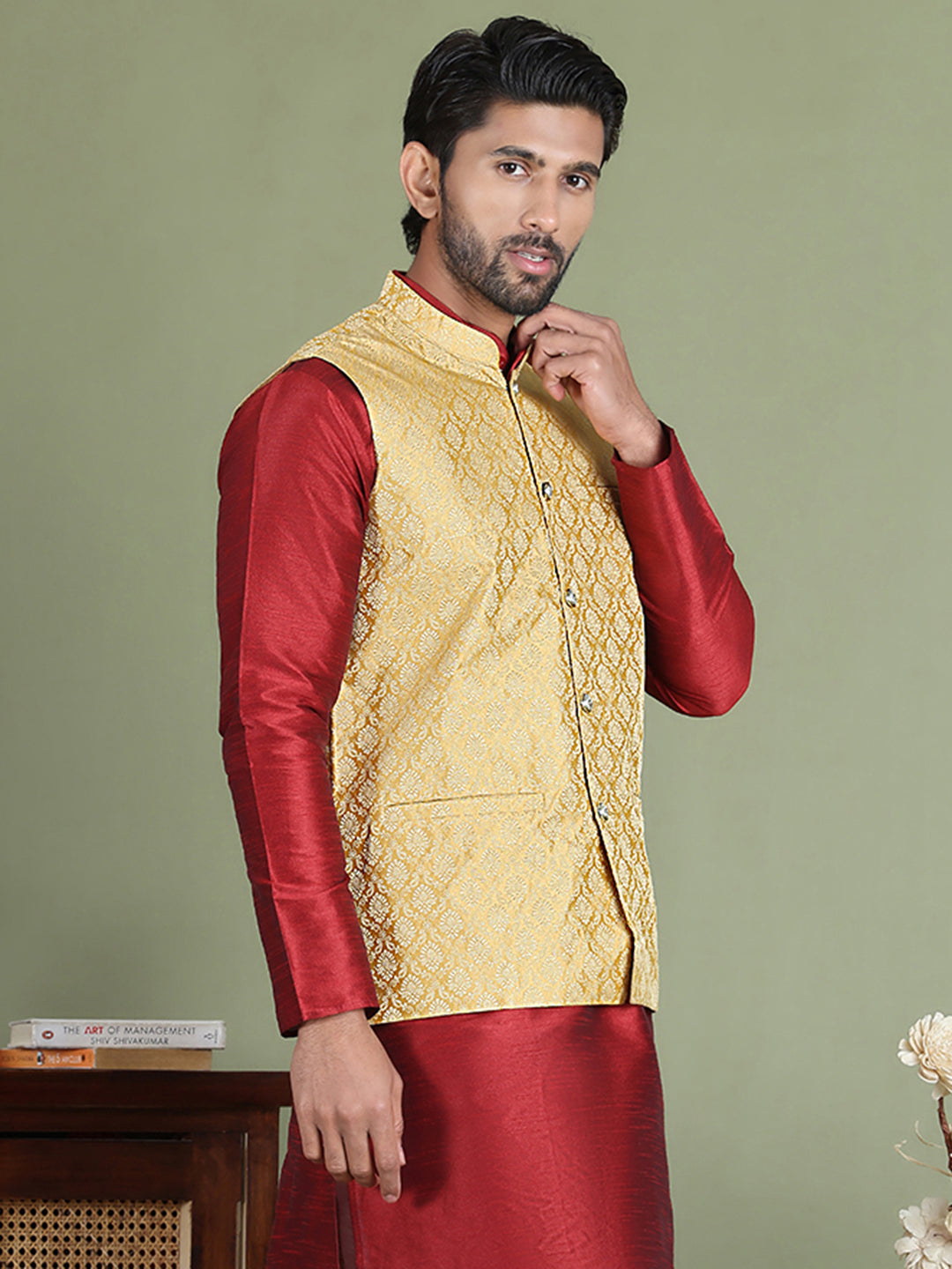 Woven Design Nehru Jacket For Men