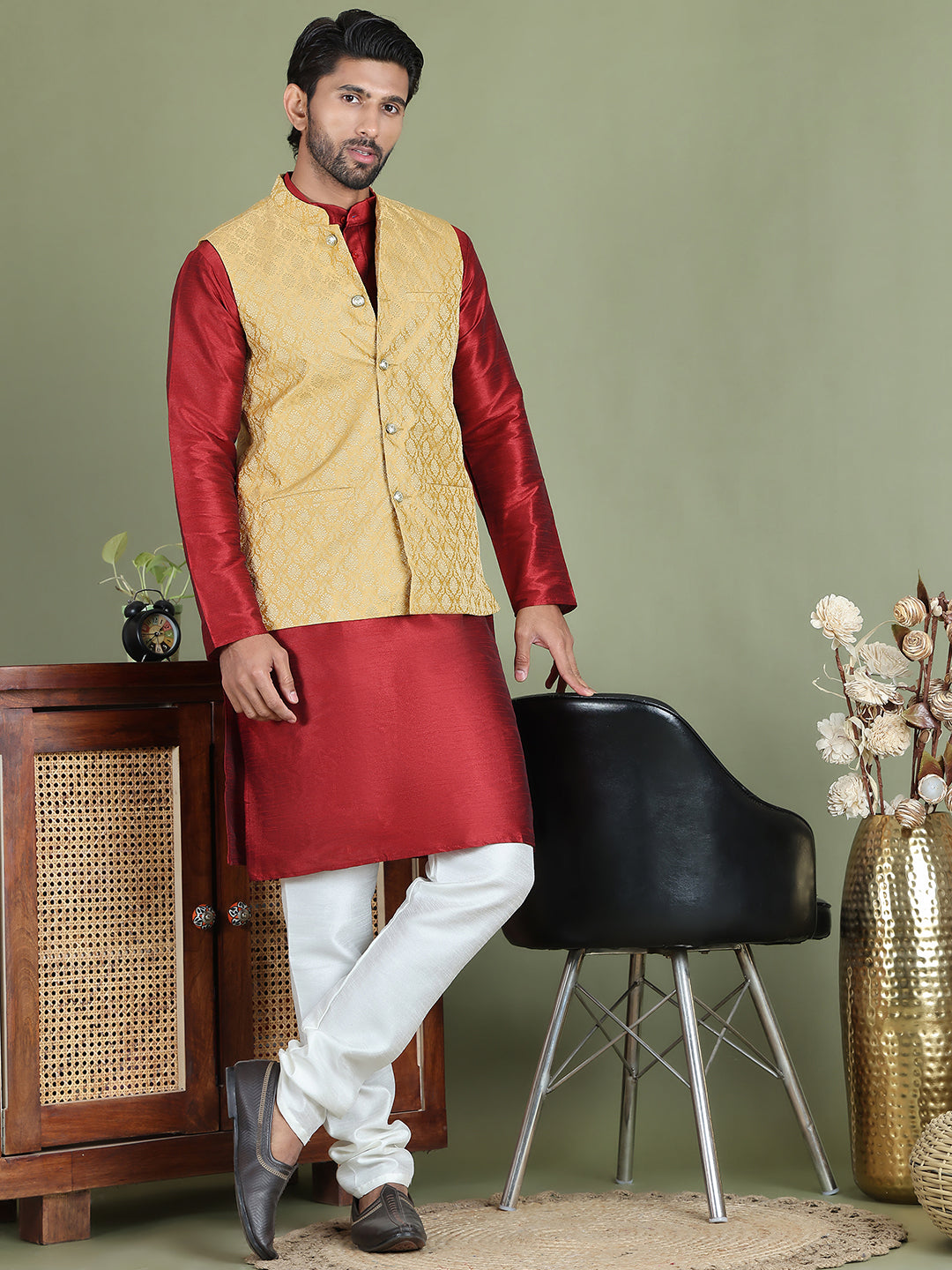 Woven Design Nehru Jacket For Men