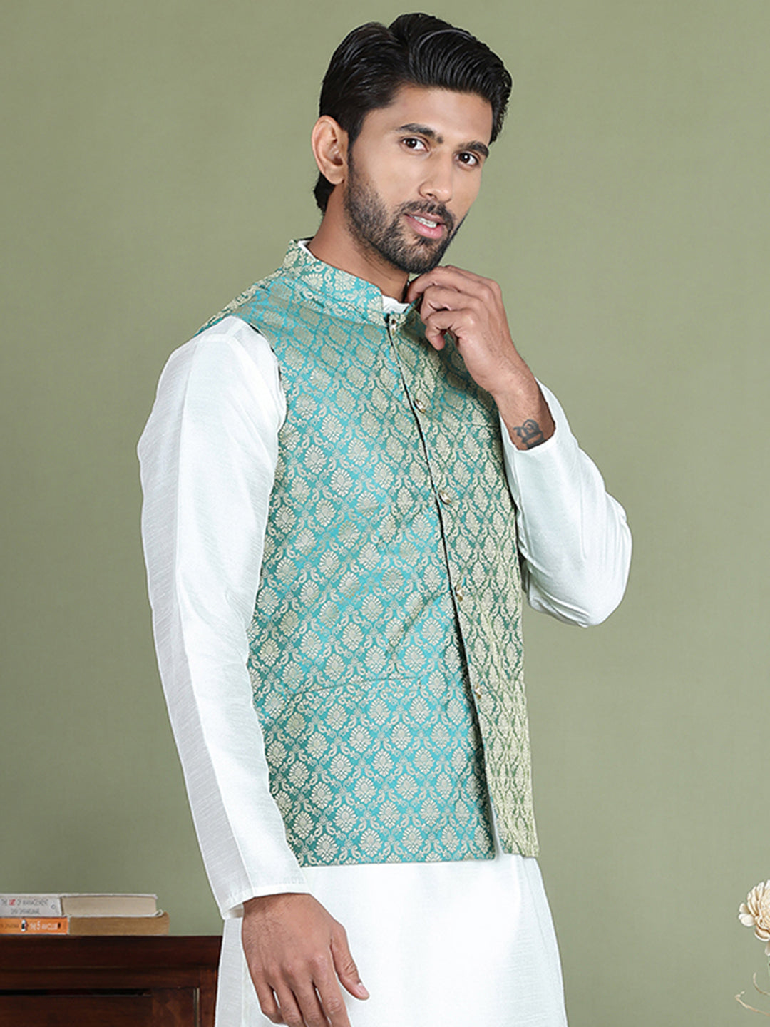 Woven Design Nehru Jacket For Men