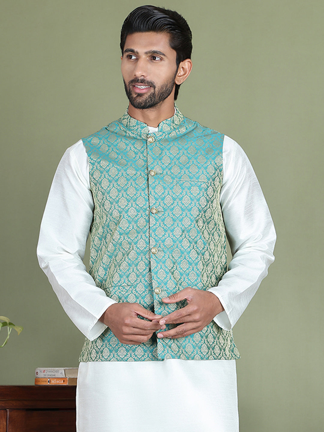 Woven Design Nehru Jacket For Men