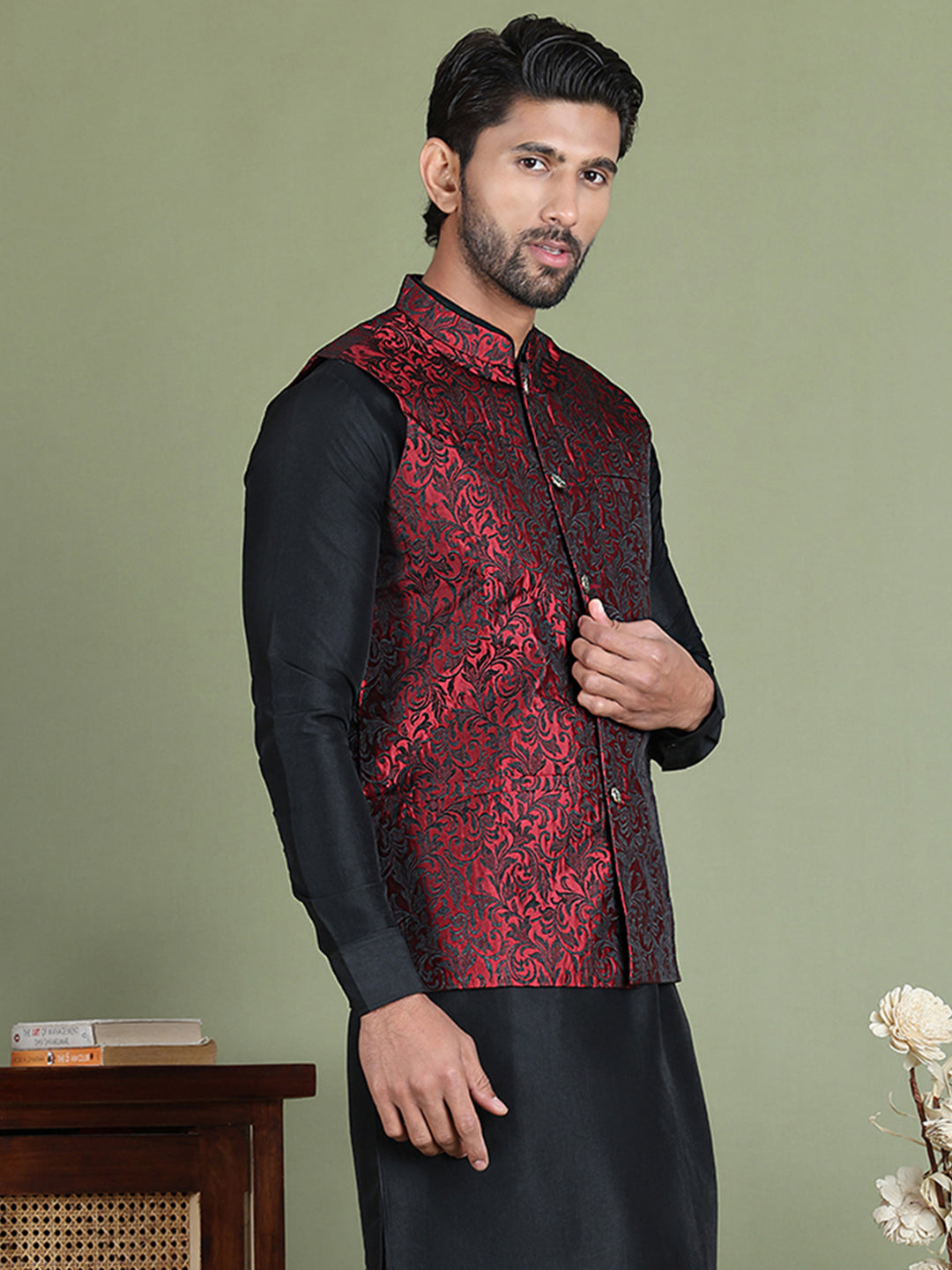 Woven Design Nehru Jacket For Men