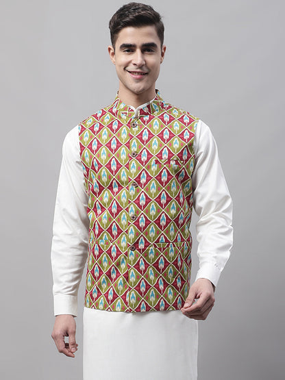 Men'S Olive And Maroon Printed Nehru Jacket