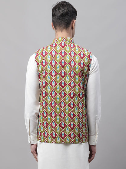 Men'S Olive And Maroon Printed Nehru Jacket
