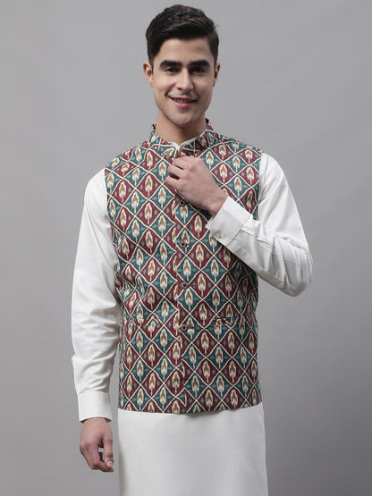 Men'S Teal And Maroon Printed Nehru Jacket