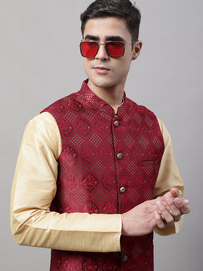 Men'S Maroon Woven Design Nehru Jacket