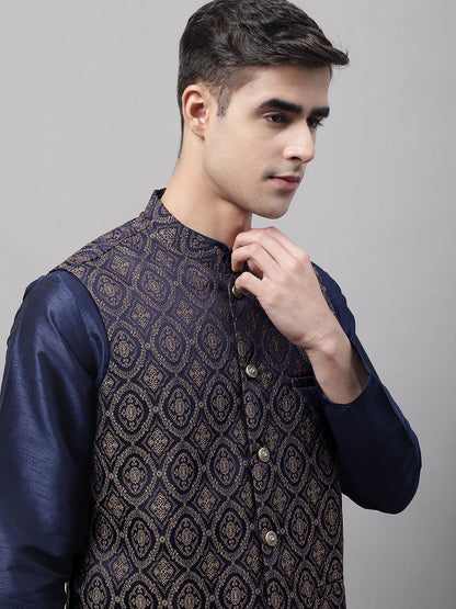 Men'S Navy Blue And Brown Woven Design Nehru Jacket