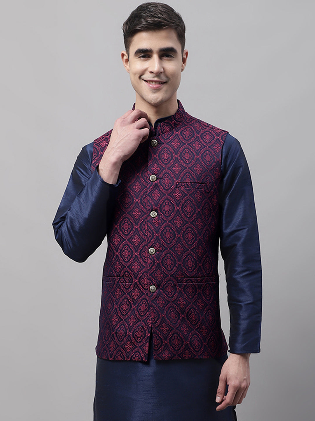 Men'S Navy Blue And Maroon Woven Design Nehru Jacket