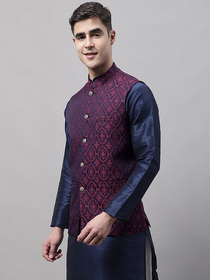 Men'S Navy Blue And Maroon Woven Design Nehru Jacket