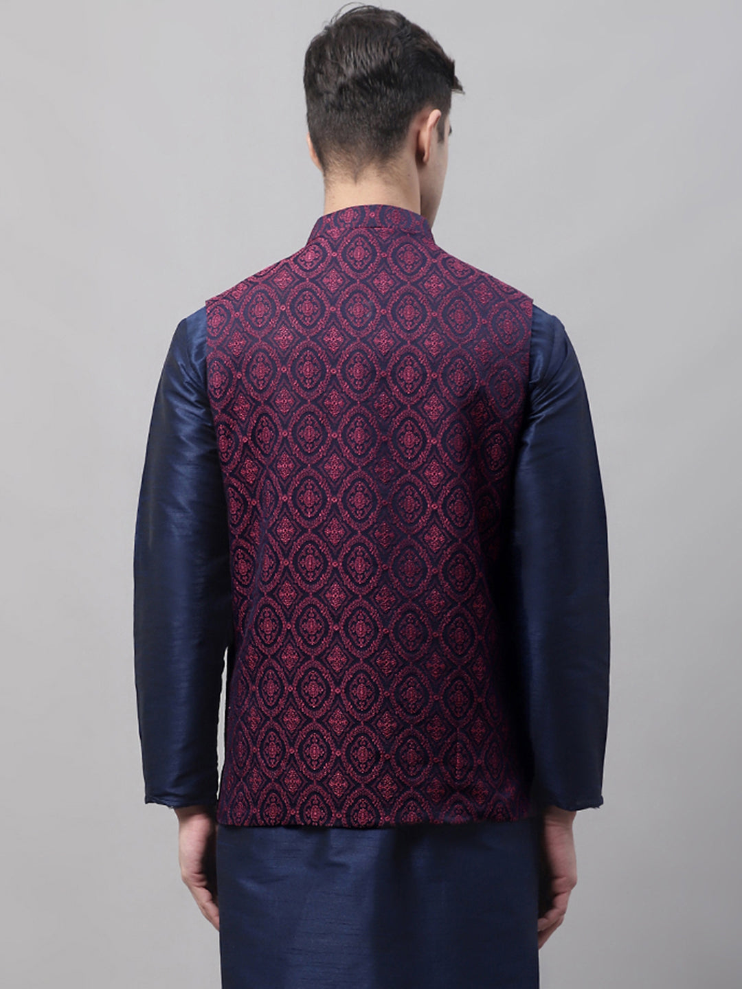 Men'S Navy Blue And Maroon Woven Design Nehru Jacket