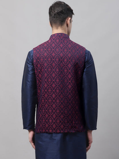Men'S Navy Blue And Maroon Woven Design Nehru Jacket