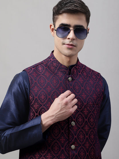 Men'S Navy Blue And Maroon Woven Design Nehru Jacket