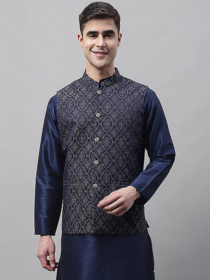 Men'S Navy Blue And Silver Woven Design Nehru Jacket