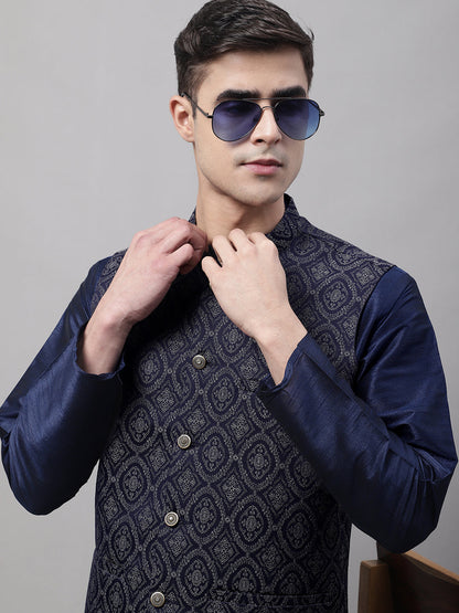 Men'S Navy Blue And Silver Woven Design Nehru Jacket