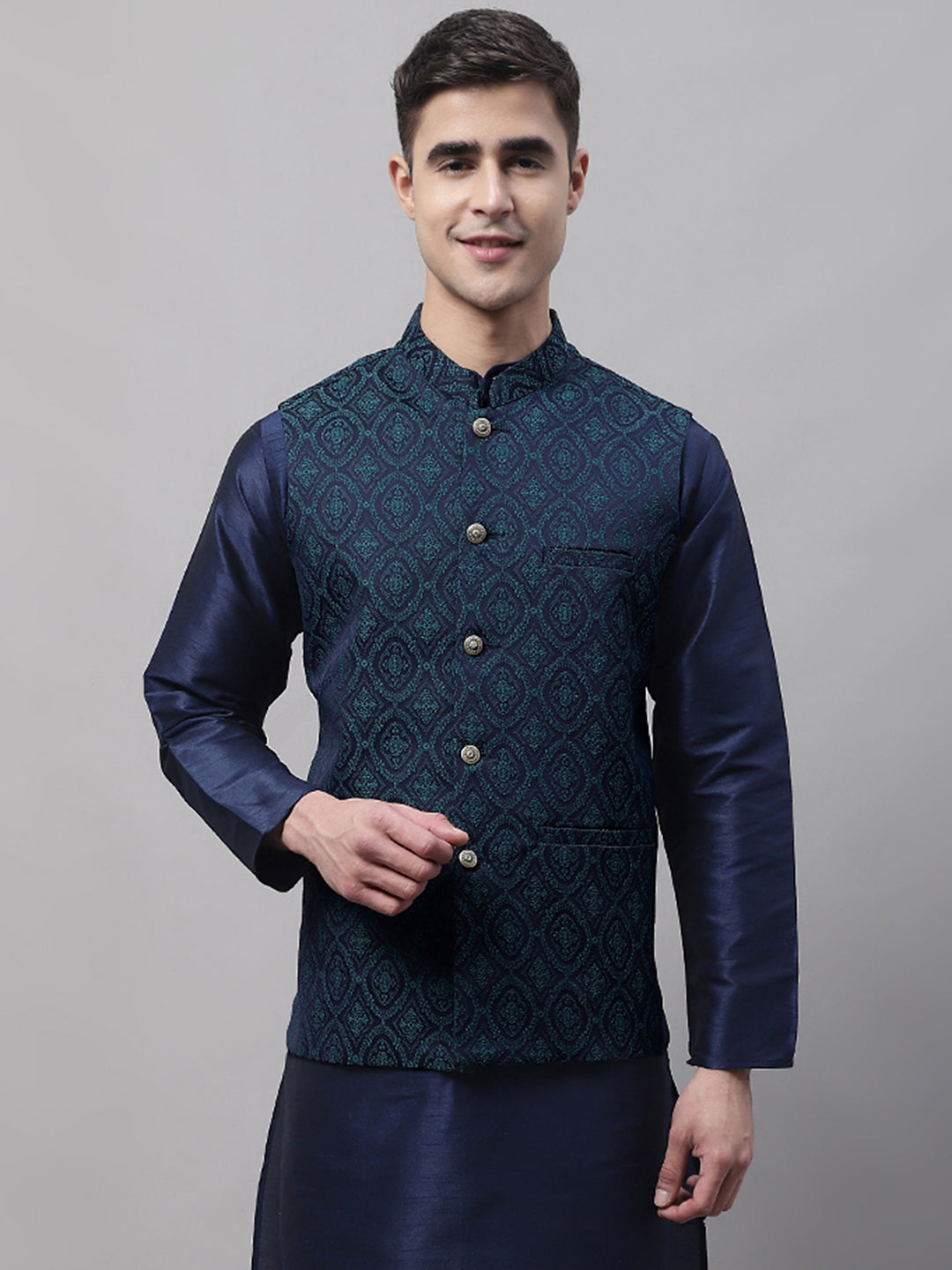 Men'S Navy Blue And Green Woven Design Nehru Jacket